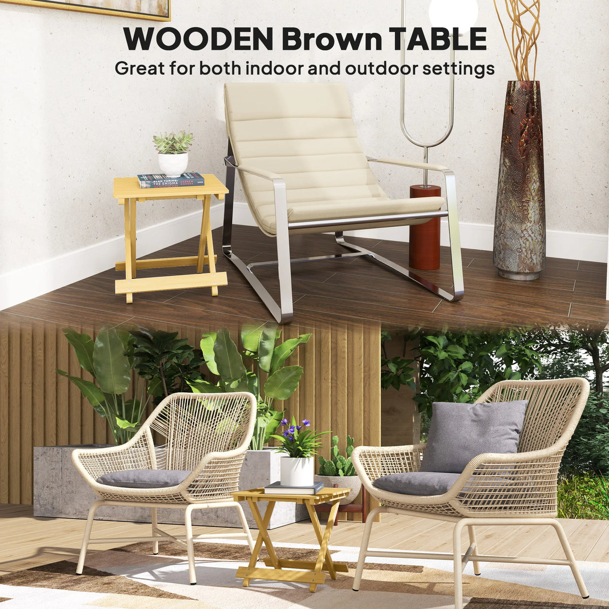 Fir Wood Folding Coffee Table, Lightweight Portable Garden Side Table with Slatted Top