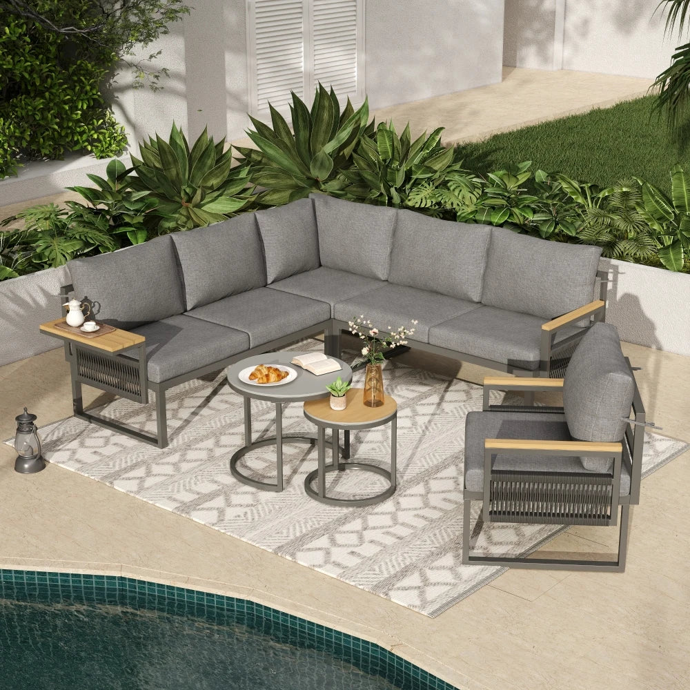 5-6 Seater Garden Corner Sofa Set, Rope Woven Outdoor Sofa with Armchair & 2 Nesting Coffee Tables