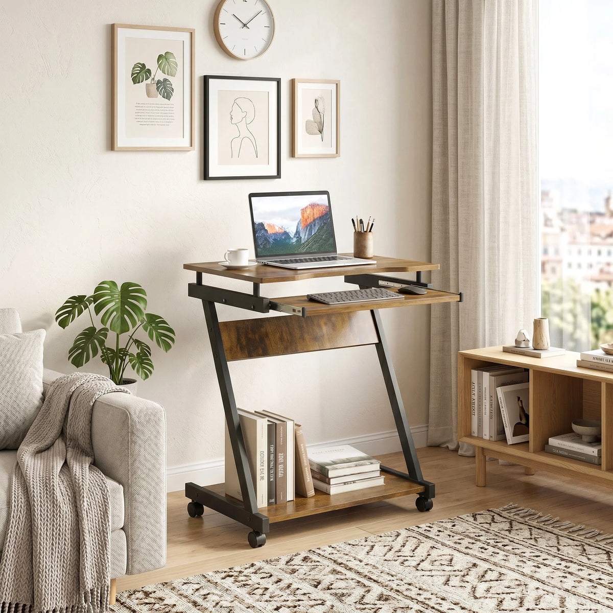 Mobile Computer Desk with Keyboard Tray and Lockable Wheels, Rustic Brown