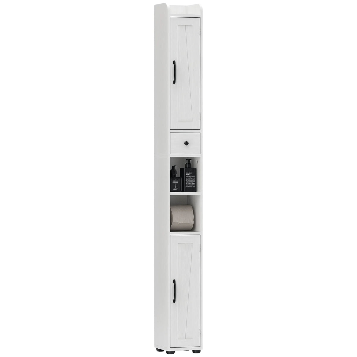Tall Slim Bathroom Storage Cabinet with Toilet Roll Holder, White
