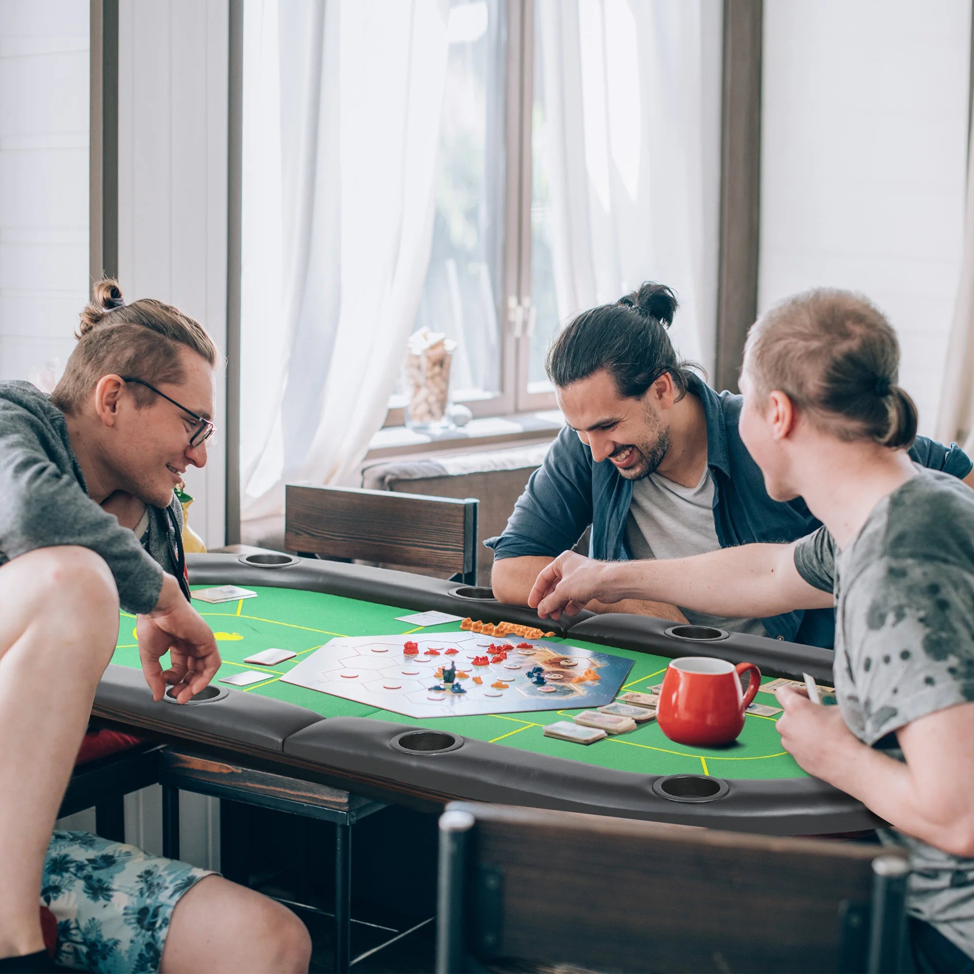 Foldable Poker Mat Table Top 10 Players Oval Green Felt 10 Cup Holders with Carry Bag 180x90cm