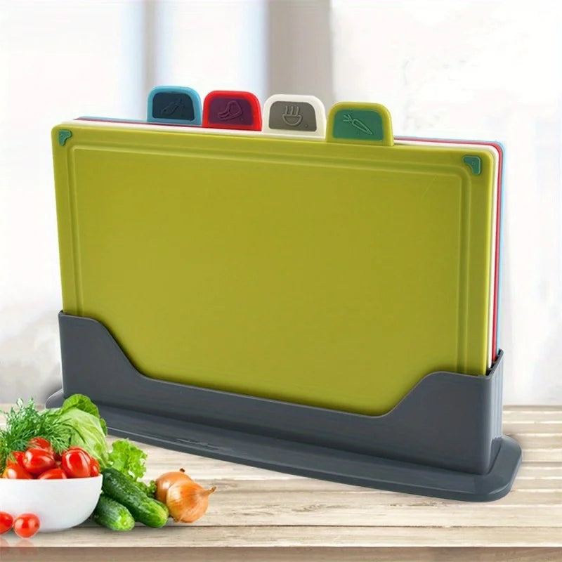 Set of 4 Colour-Coded Cutting Boards with Storage Stand | Non-Slip PP Chopping Boards for Kitchen Food Prep