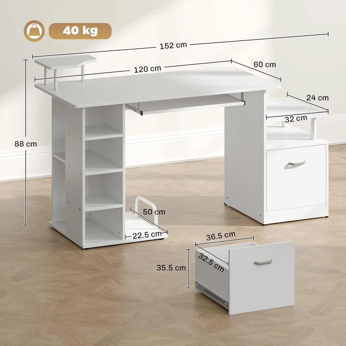 Computer Desk with Keyboard Tray, Printer Shelf and Storage, 120cm, White
