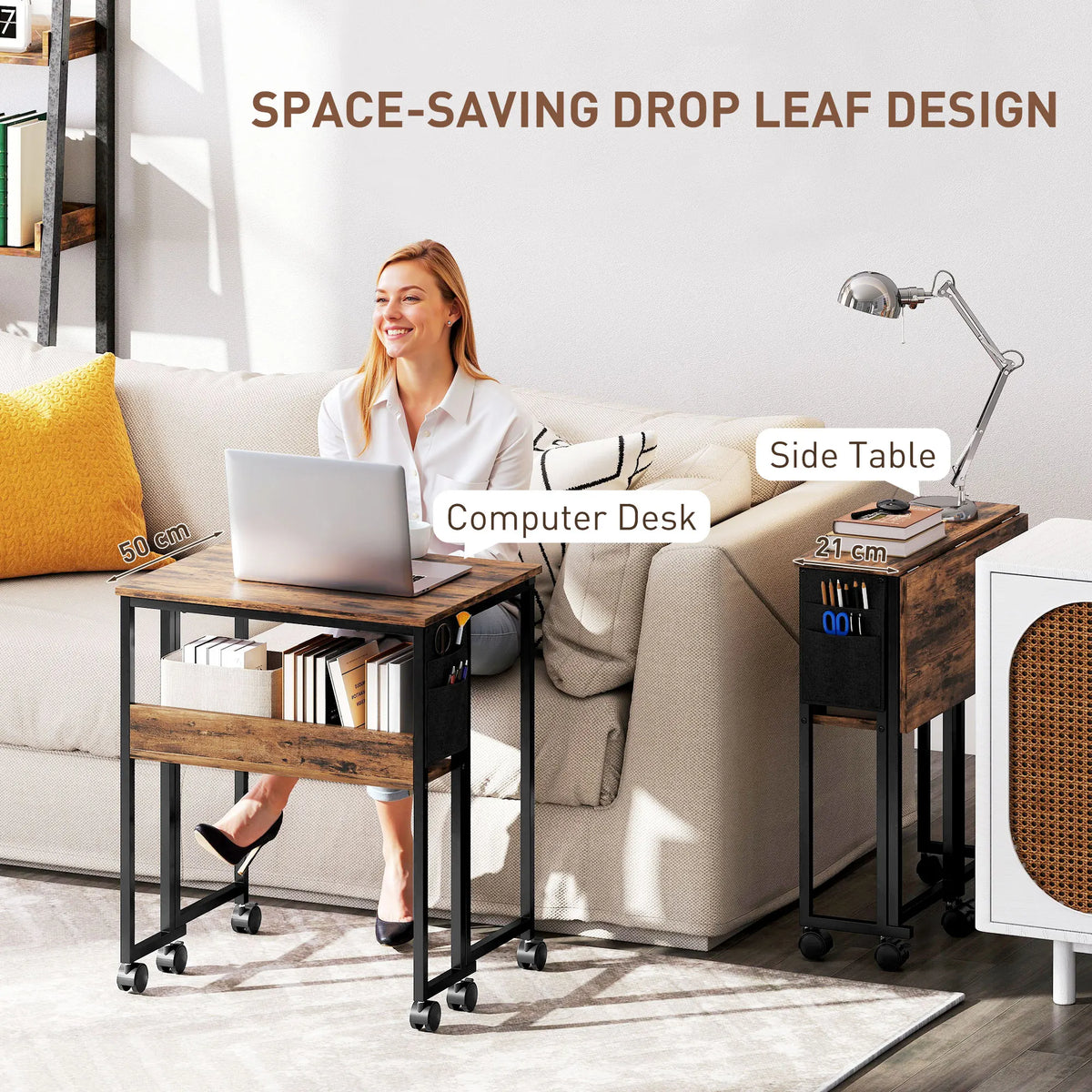 63cm Foldable Computer Desk on Wheels for Small Spaces, Rustic Brown