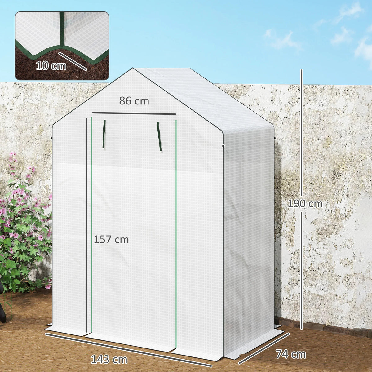 Walk-in Greenhouse with 8 Wire Shelves, Roll-Up Door, 143 x 74 x 190cm, White