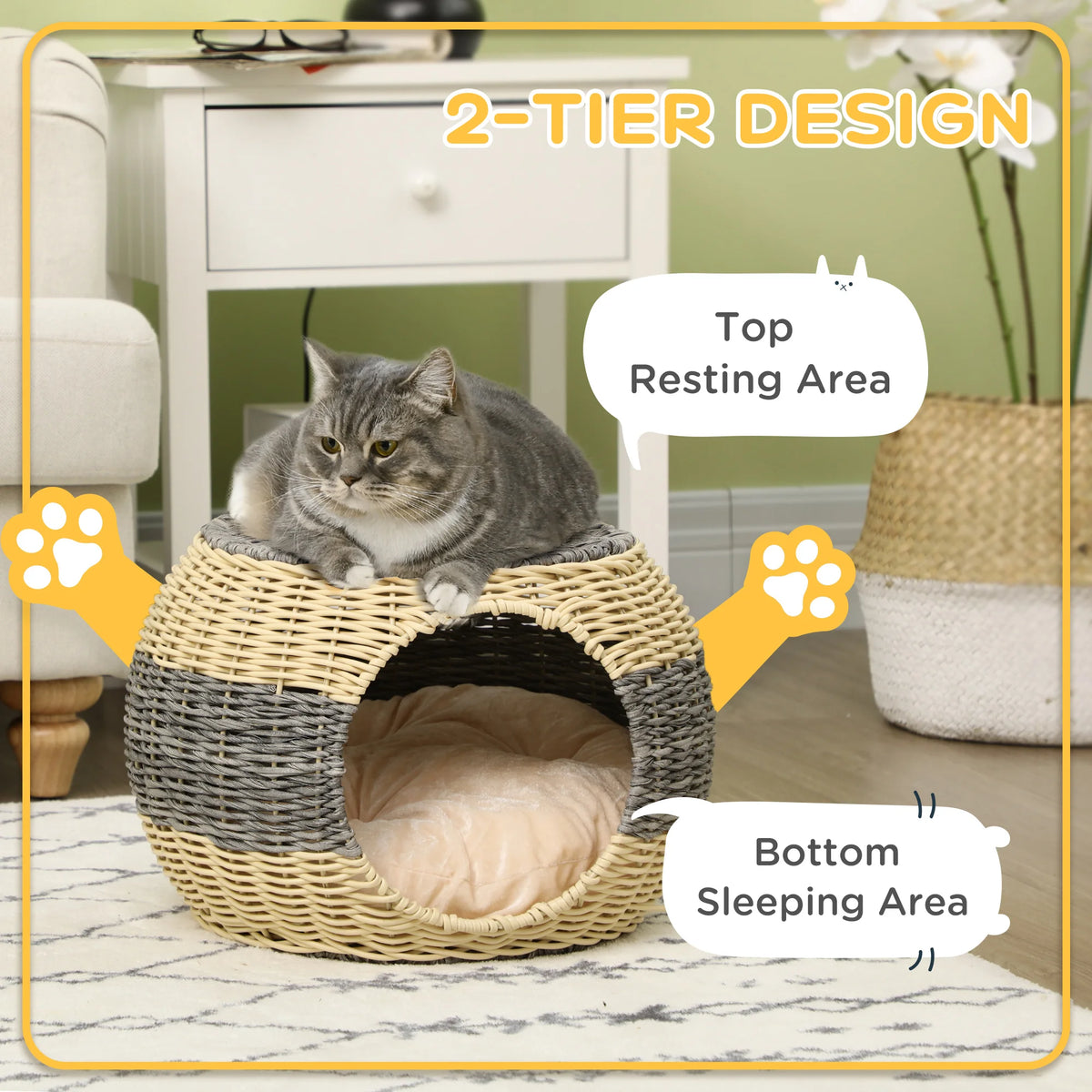 Wicker Cat House 40x30cm Raised 2 Layer Rattan Cat Bed with Washable Velvet Cushion Beige and Grey