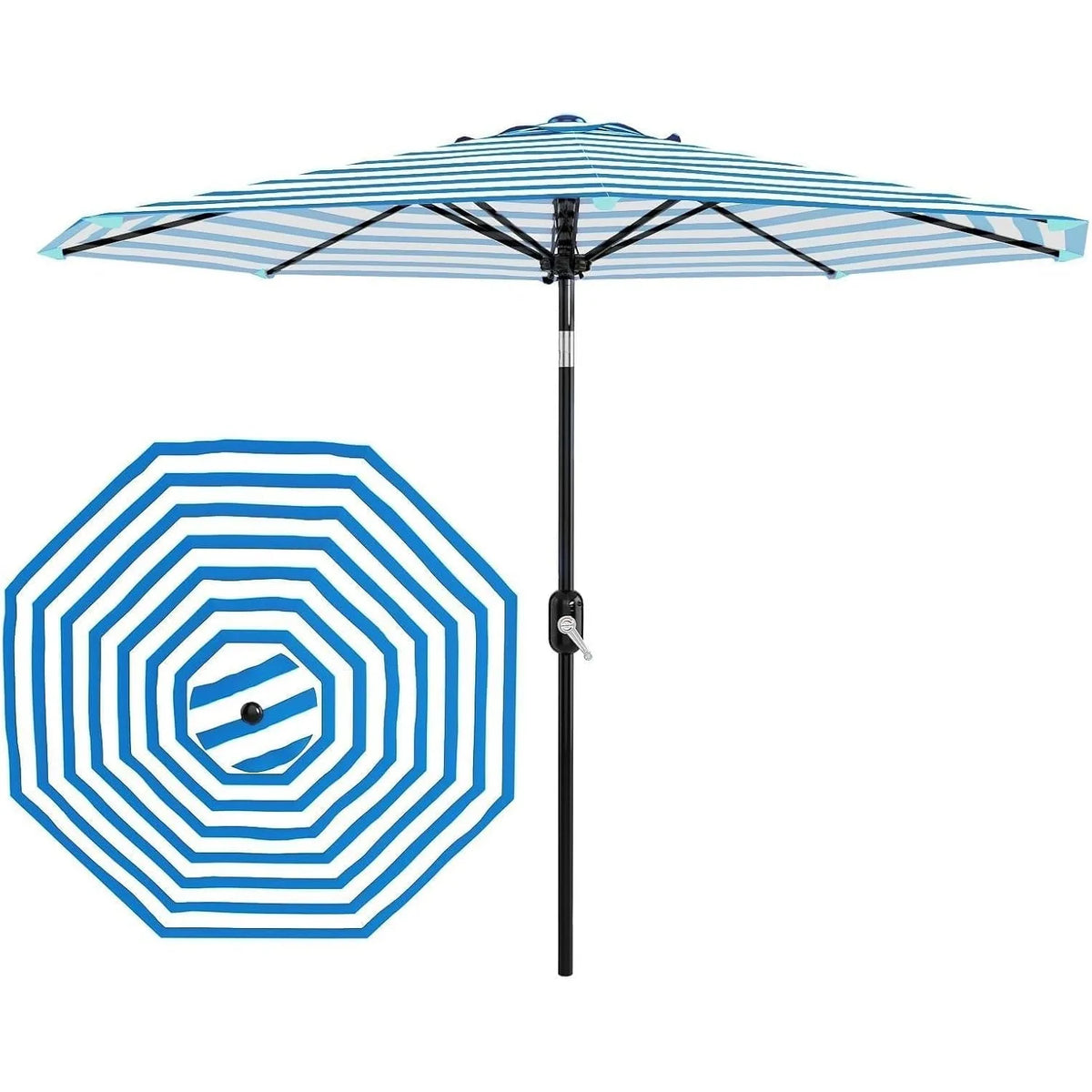 Octagonal Patio Umbrella, Blue & White Stripe Garden Parasol with Crank and Tilt, 270cm