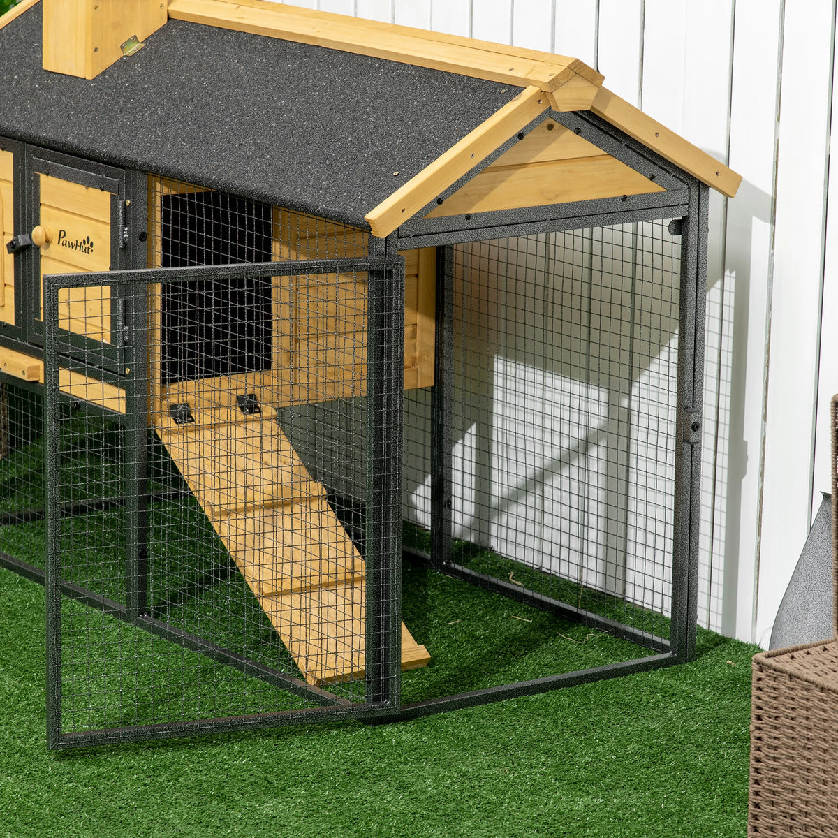 4ft Rabbit Hutch 120x55.5x80cm 2 Tier Bunny Cage with Ramp Asphalt Roof and Slide Out Tray