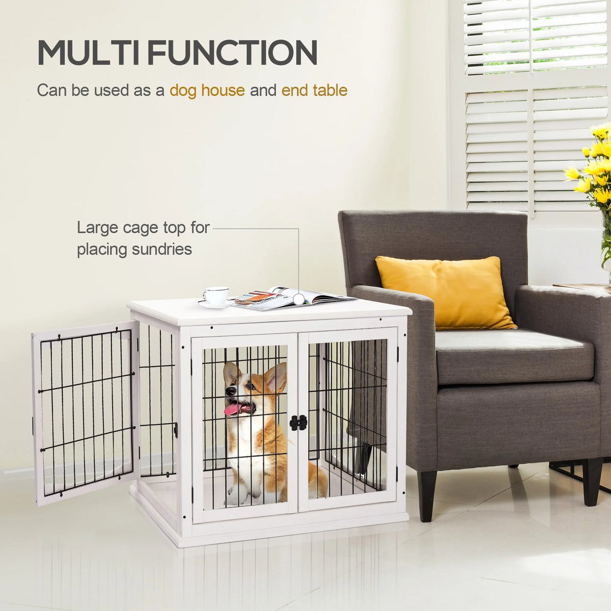 White Dog Crate End Table for Medium Dogs with Front and Side Doors