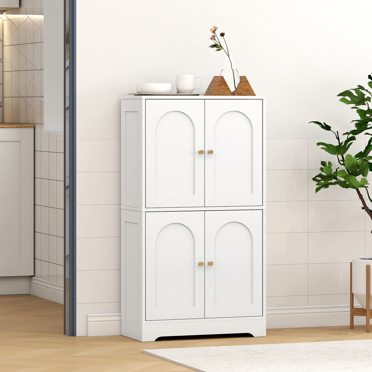 110cm Kitchen Cupboard with 4 Arched Doors and Adjustable Shelves, White