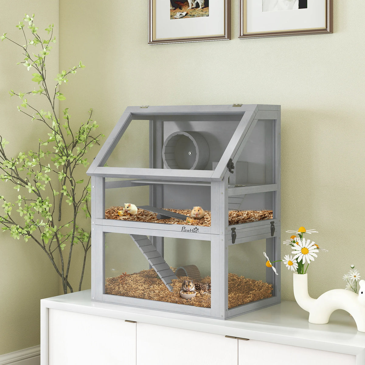 3 Tier Wooden Hamster Cage with 32cm Deep Base Detachable Layers Seesaw Ramp Wheel and Acrylic Panels