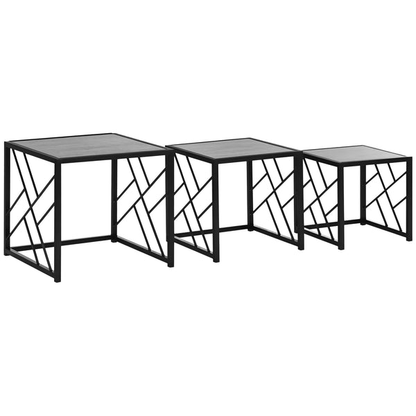 Set of 3 Nesting Coffee Tables with Metal Frames, Square Side Tables, Grey