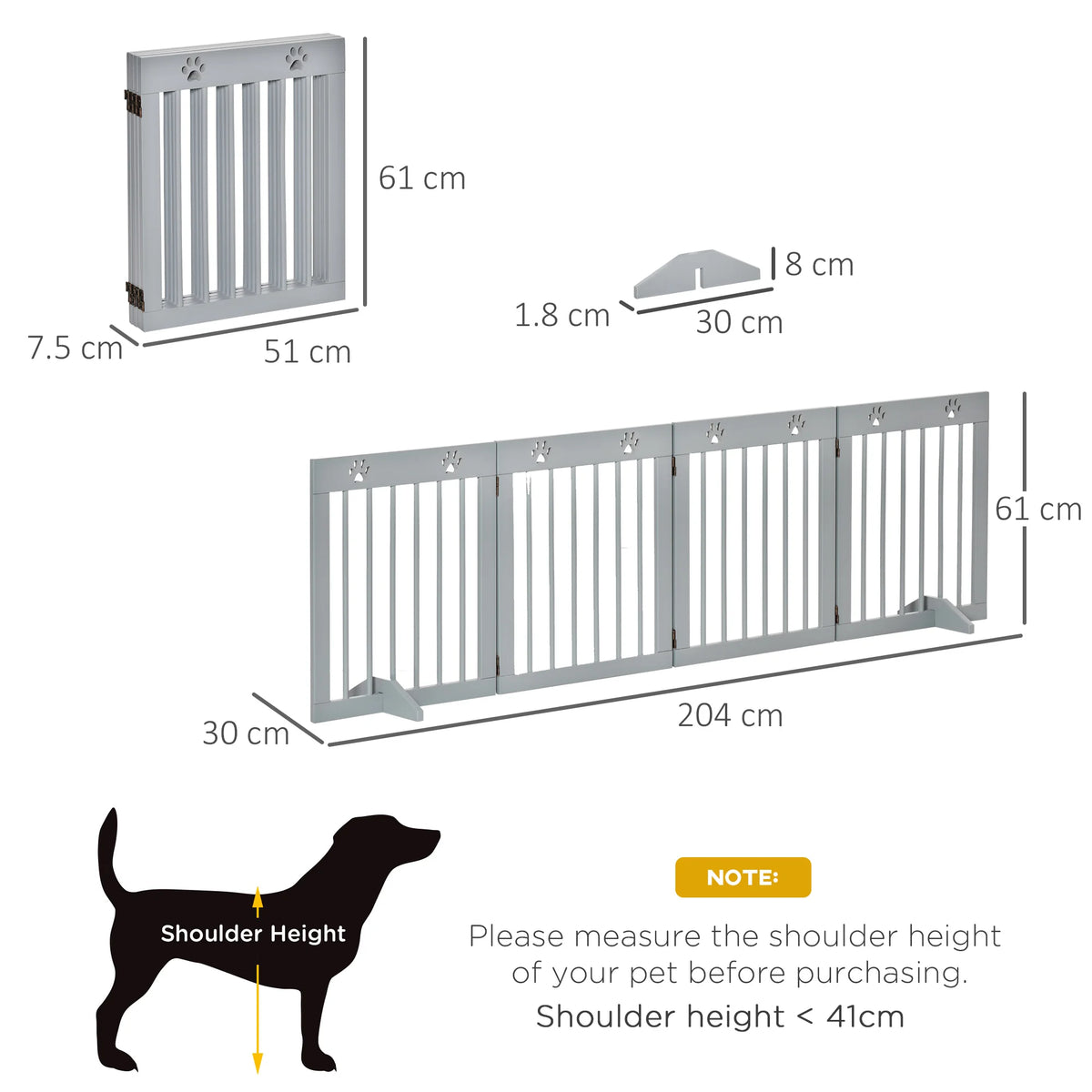 Freestanding Pet Gate, 4 Panel Folding Wooden Dog Barrier with Support Feet