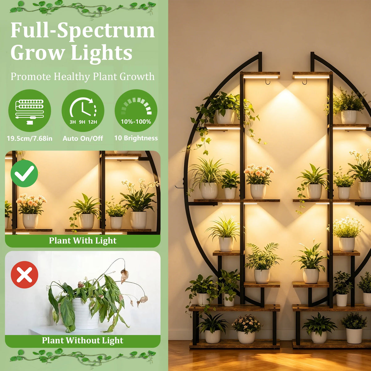 Tall Plant Stand with Grow Light 7 Tier Half Moon Industrial Style 100x26x165cm for Home Garden Office