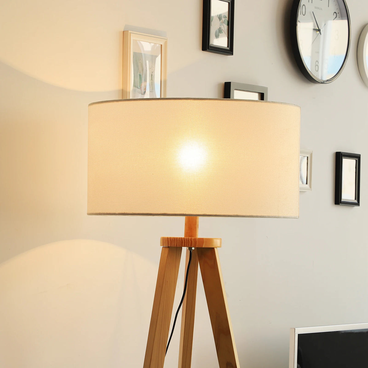 Wooden Tripod Floor Lamp with Storage Shelf and Linen Shade, Cream