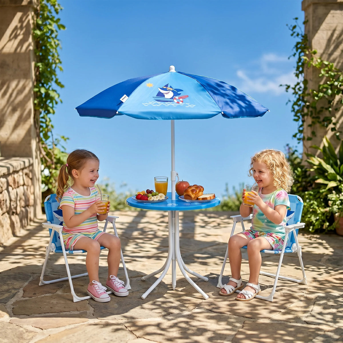 Kids 4 Piece Folding Garden Set with Table 2 Chairs and 6 Bone Parasol Shark Design Metal Blue
