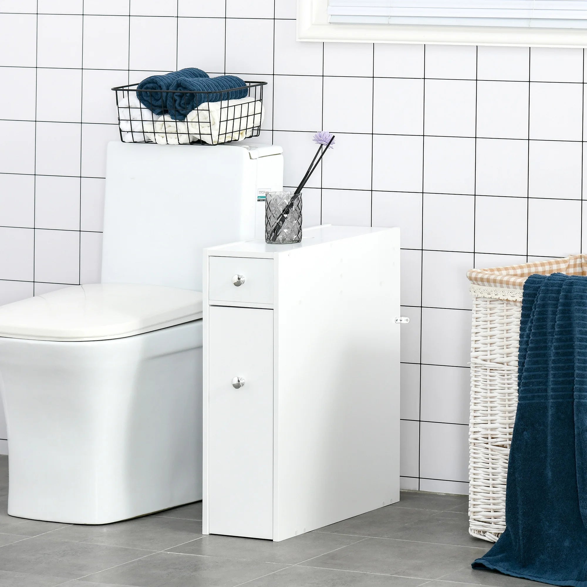 Slim White Bathroom Floor Cabinet 17cm Wide with Drawers | Narrow MDF Storage Unit for Small Bathrooms