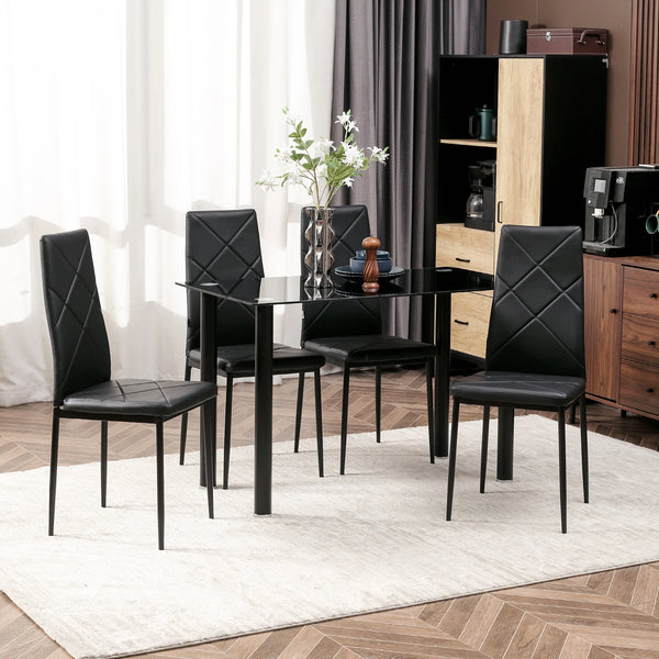 Dining Table Set for 4 with Glass Top and Padded Chairs, 120 x 60 x 75 cm, Black