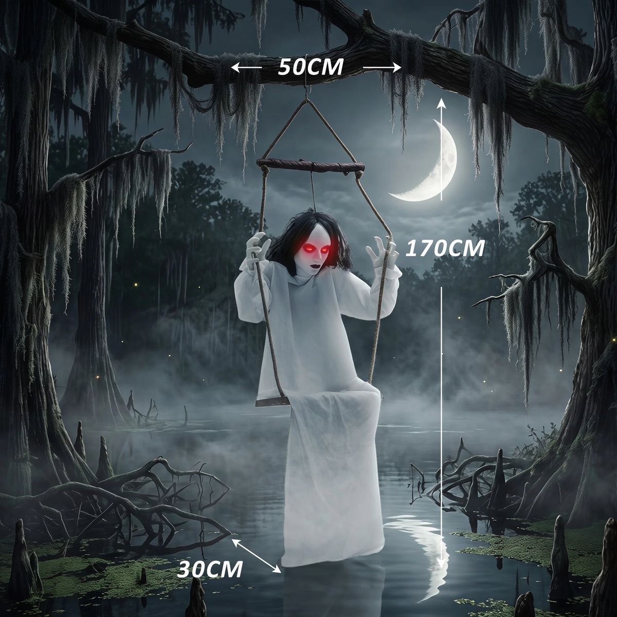 170cm Animated Hanging Swing Ghost with Glowing Red Eyes