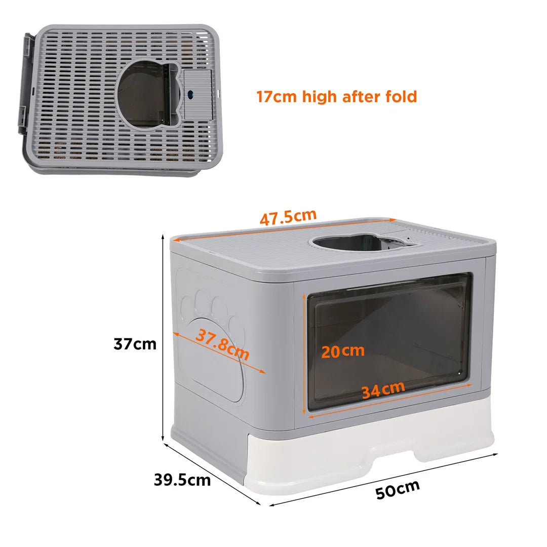 Enclosed Cat Litter Box Foldable 50x38x37cm Front Entry Top Exit Drawer Massager Scoop Grey White