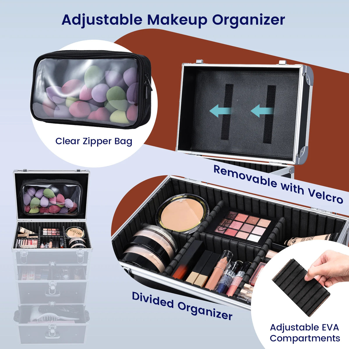 Professional Rolling Makeup Trolley Case with Locks and Drawers 36-55L PVC Cosmetics Storage Organiser