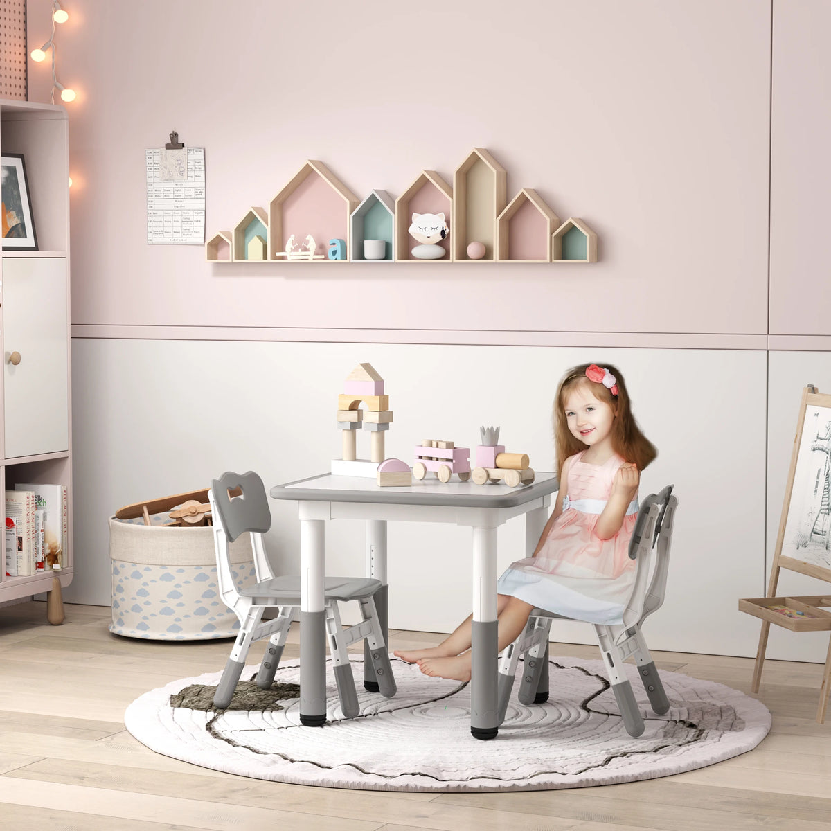 3 Piece Kids Table and Chair Set with 7 Table Heights and 3 Chair Heights Wipe Clean Arts and Crafts Grey