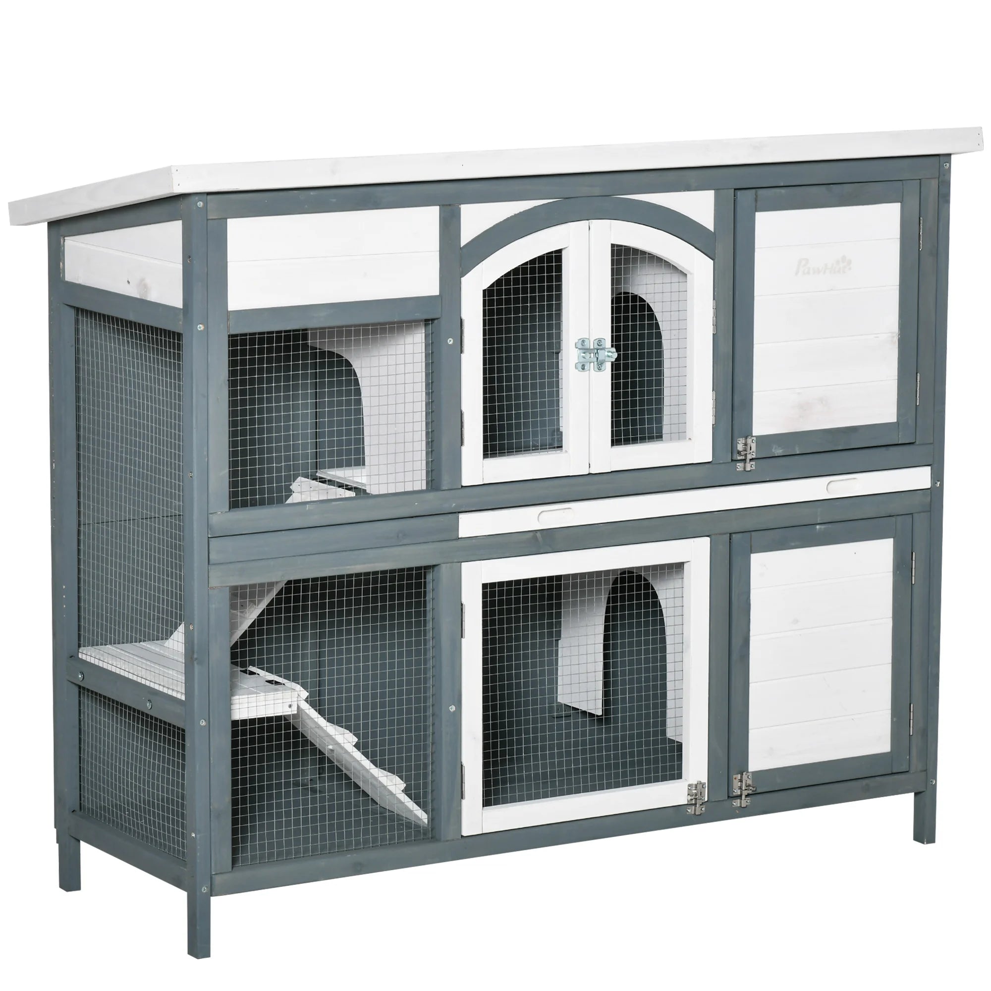 Two Tier Wooden Rabbit Hutch with Openable Roof Slide-Out Tray Two Ramps and Lockable Doors for 2 Rabbits