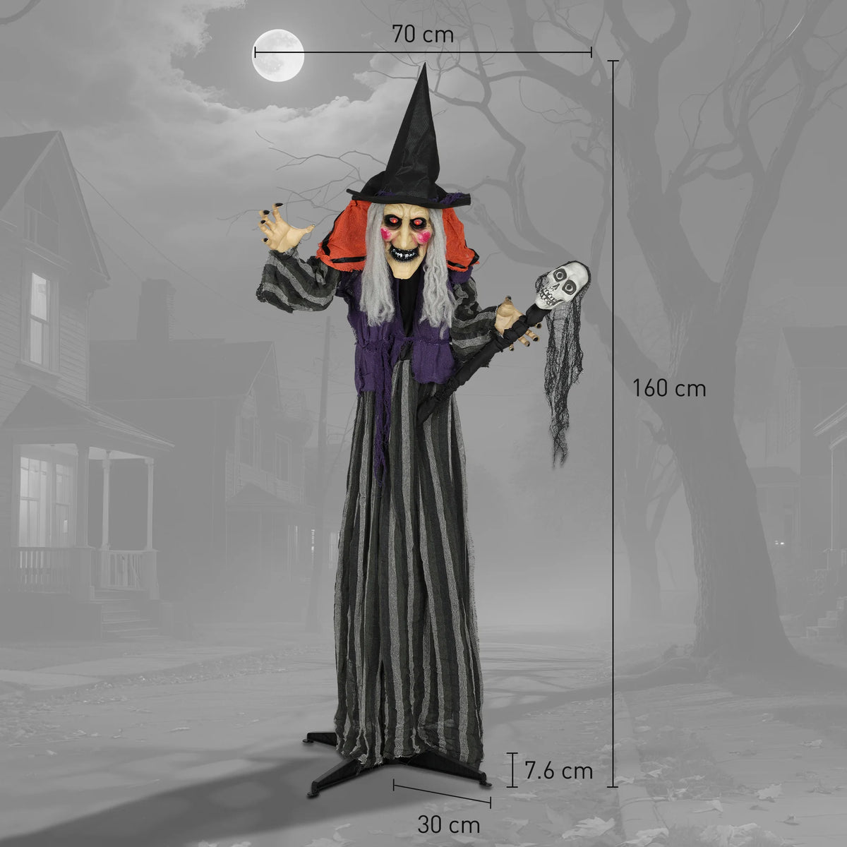 Bendable arms on a standing Halloween witch prop