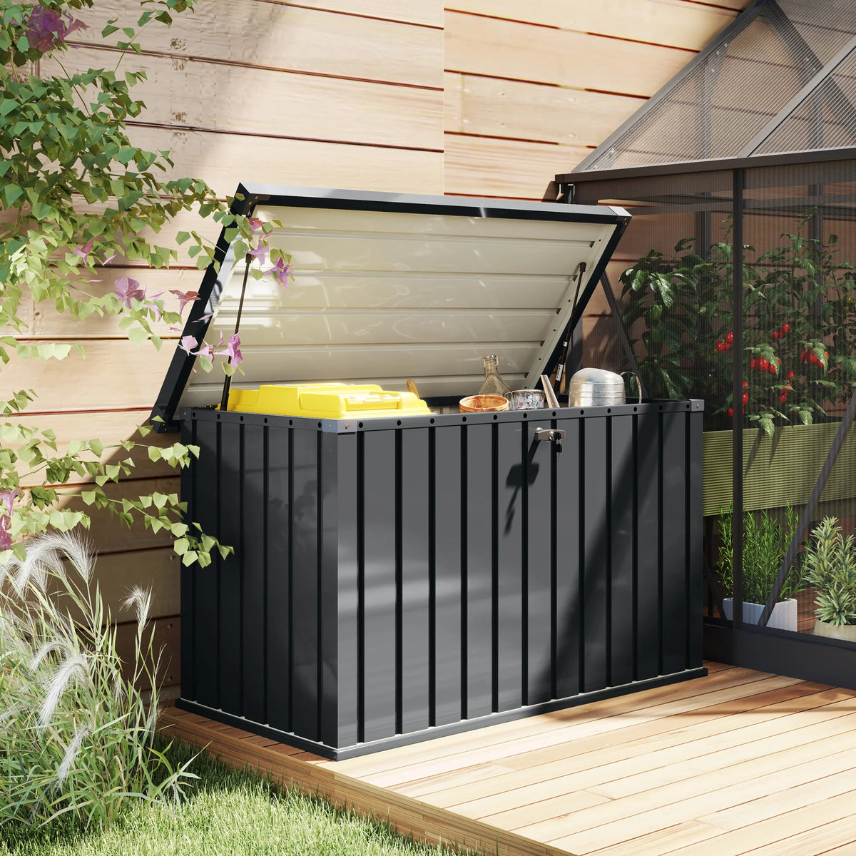 400L Metal Garden Storage Box with Lockable Gas-Lift Lid, Dark Grey