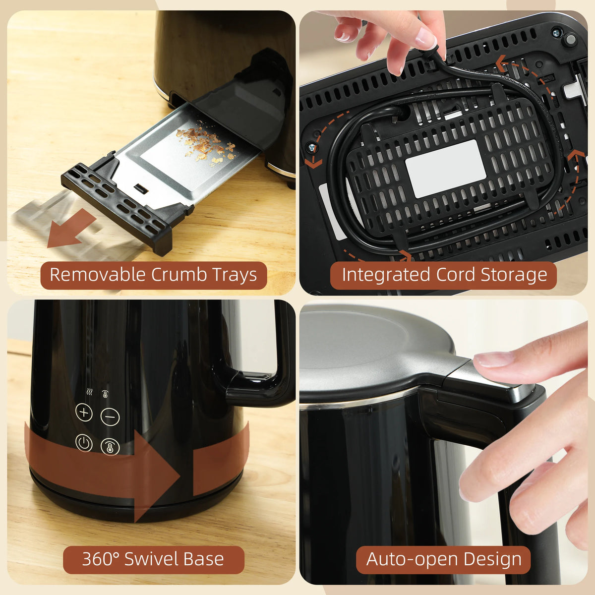 1.5L 3000W Fast Boil Kettle and 2 Slice Toaster Set with Insulation, Black