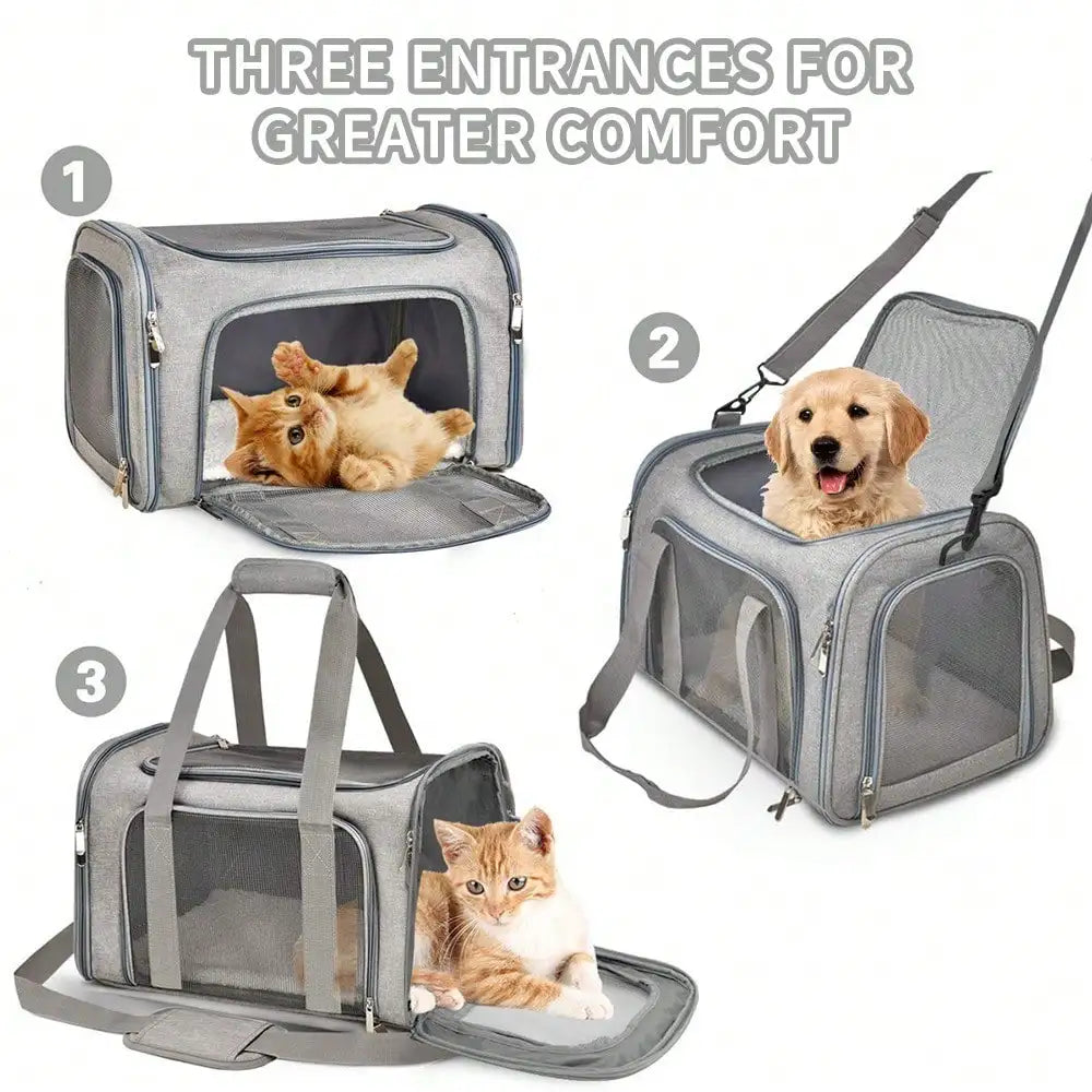 Soft Sided Pet Carrier Bag Foldable Cat and Small Dog Travel Carrier with Shoulder Strap Grey