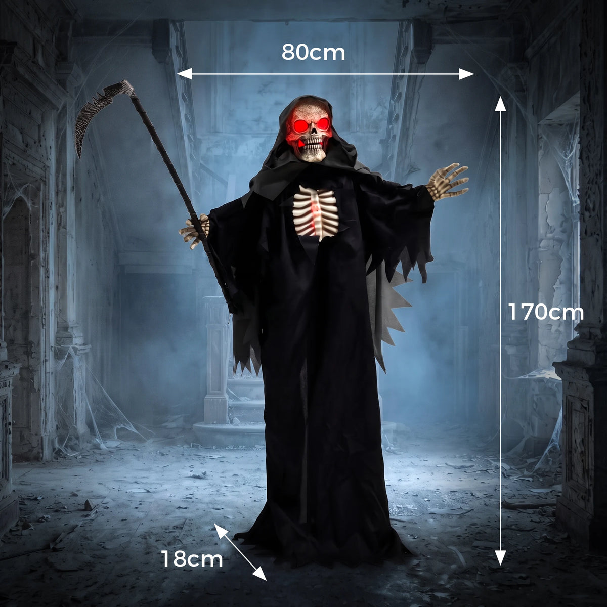 Moving jaw mechanism on an animated grim reaper decoration