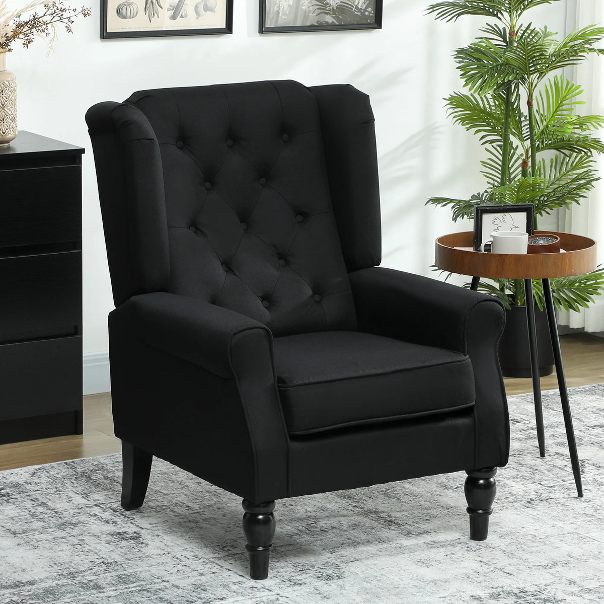 Retro Tufted Wingback Armchair with Wooden Legs, Black
