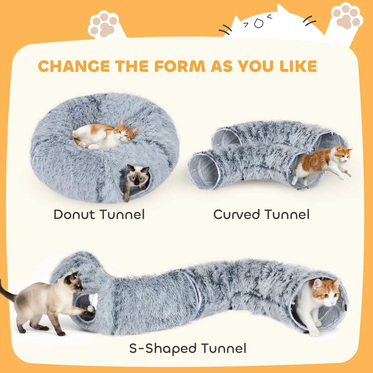 Cat Play Tunnel Bed with Washable Cushion and Toy Ball, Light Grey