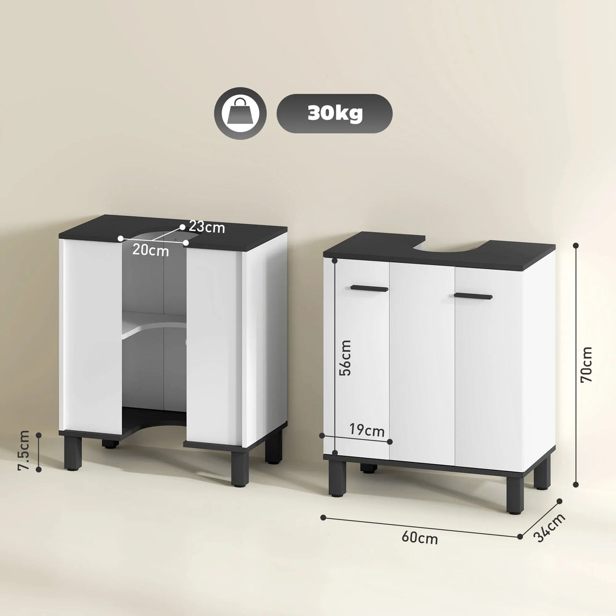 Bathroom Under Sink Cabinet with Adjustable Shelf, High Gloss White
