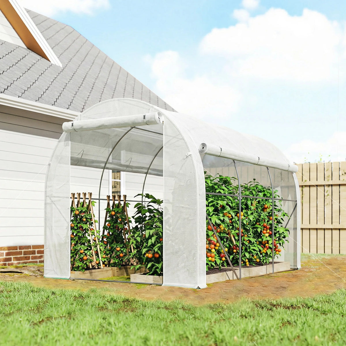 3 x 2m Polytunnel Greenhouse with Roll-Up Door and Mesh Windows, White