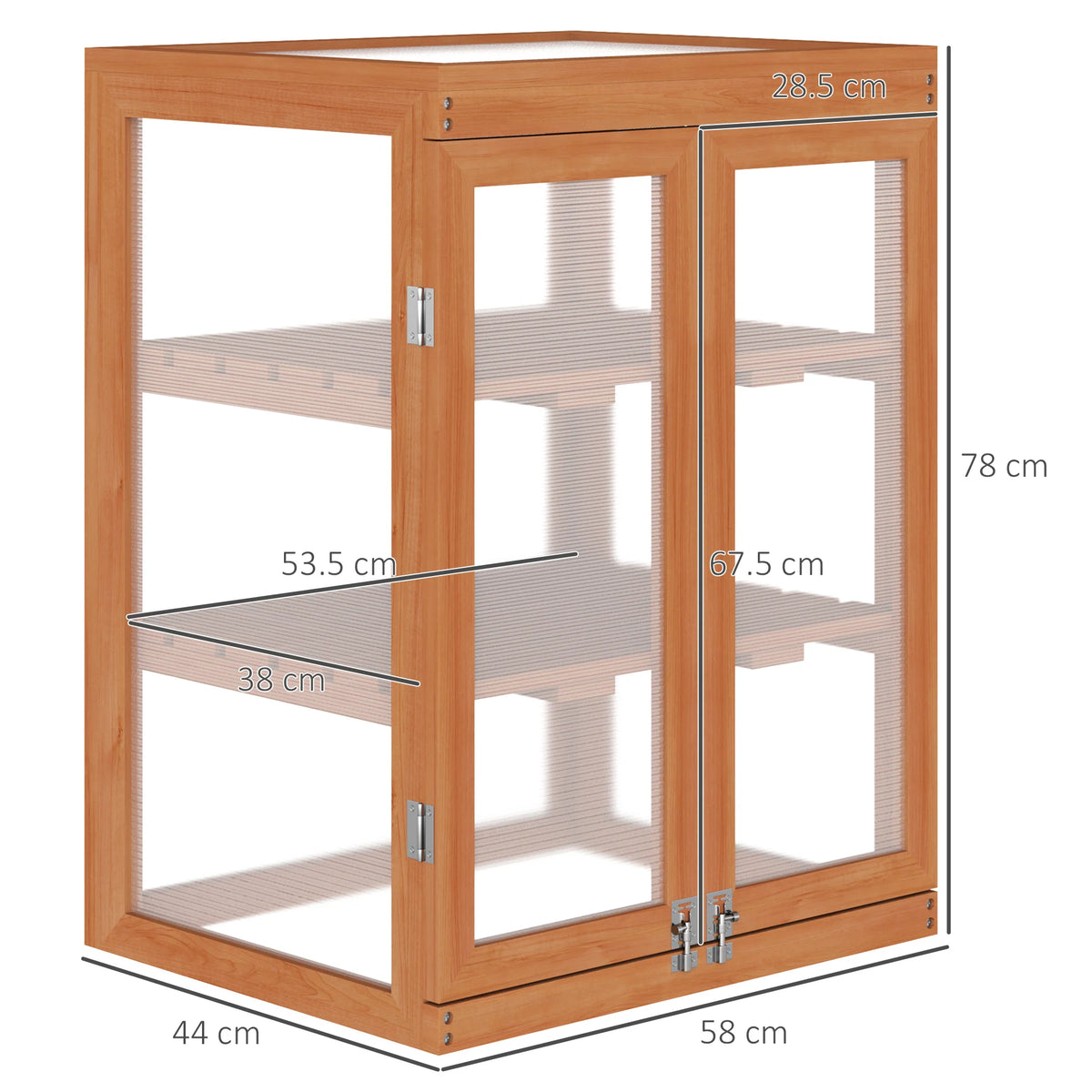 Mini Wooden Cold Frame Greenhouse with 2 Shelves Polycarbonate Panels Top Opening and Double Front Doors