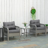 3 Piece Rattan Bistro Set 2 Armchairs Glass Top Coffee Table Thick Cushions for Garden Patio Outdoor
