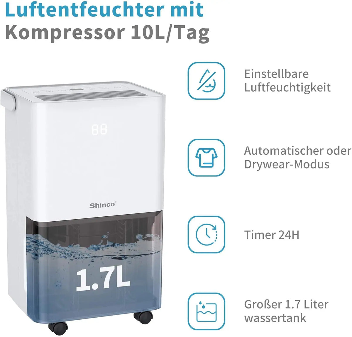 10L Electric Dehumidifier with Humidity Sensor and Drain Hose, for Rooms up to 15m²