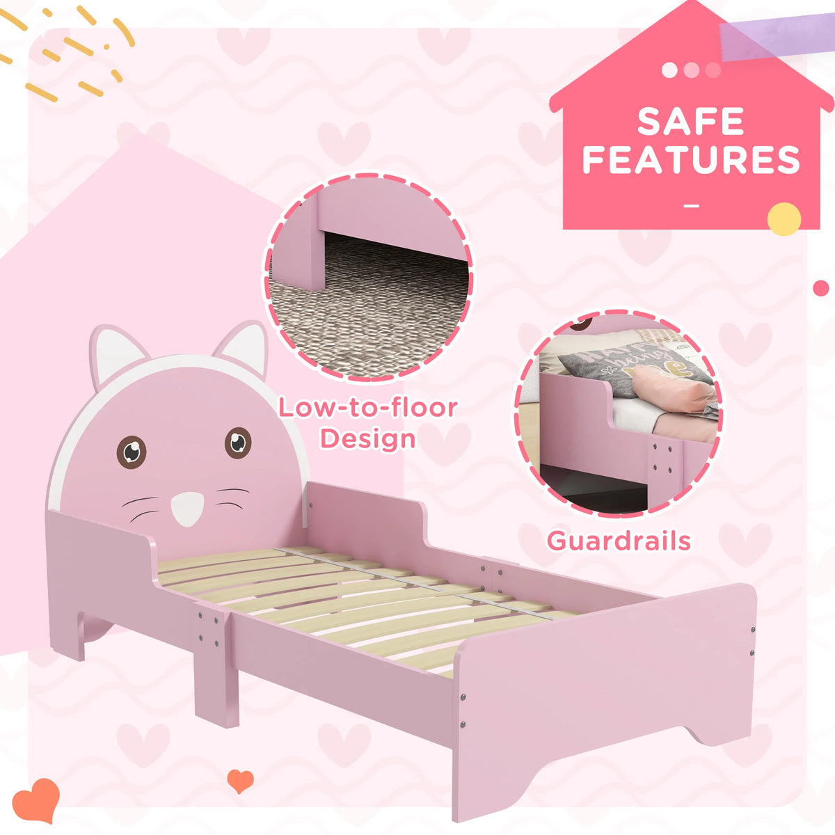 Toddler Bed Frame with Cat Design and Guardrails, 143 x 74cm, Pink