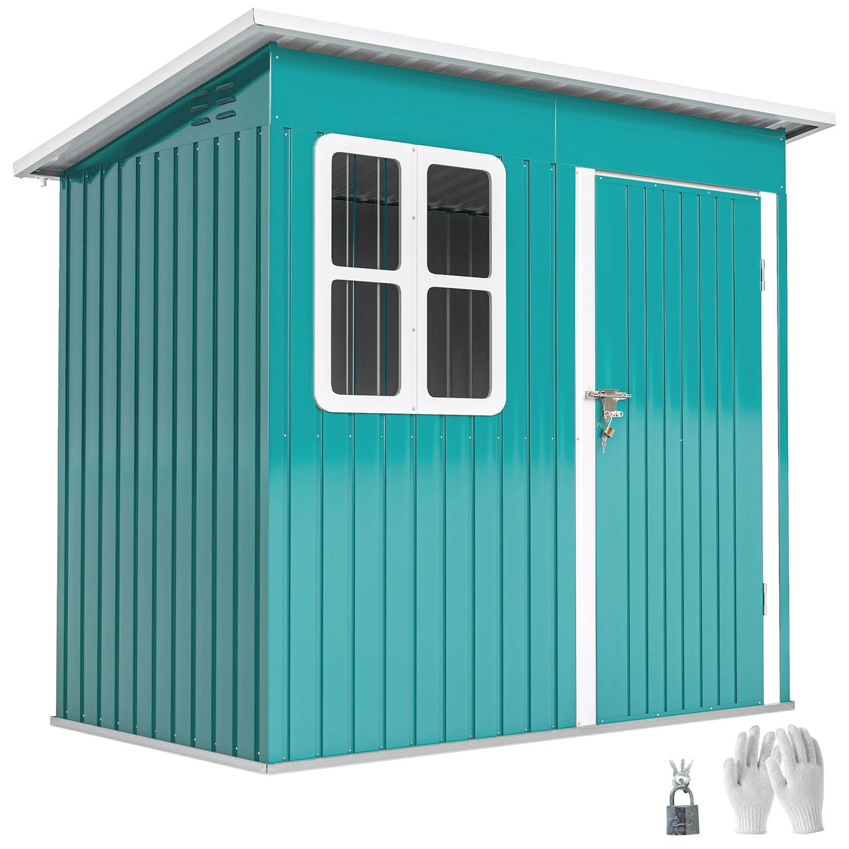 7 x 4ft Galvanised Steel Garden Shed with Window, Lockable Door and Foundation Kit, Green