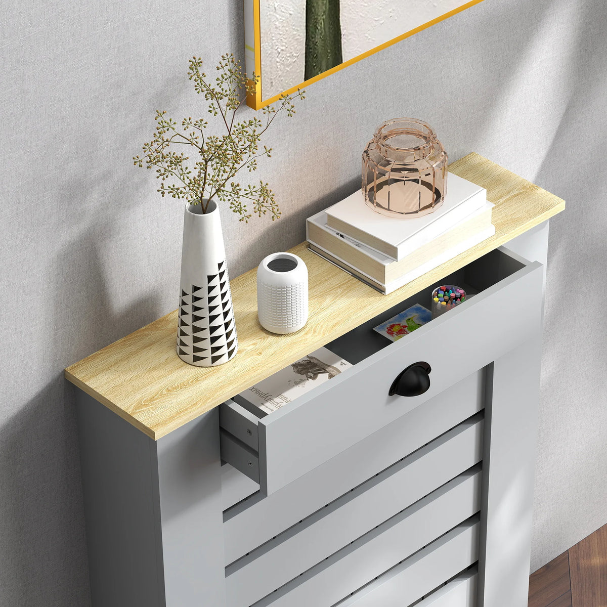 Slatted Radiator Cover with Drawer, 78cm, Grey