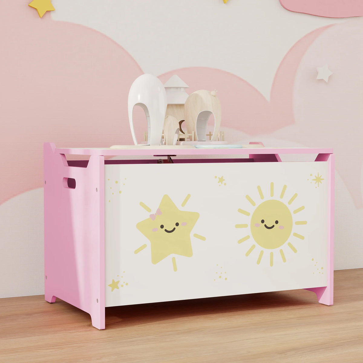 Kids Toy Box with Lid and Safety Hinges 60x37x39cm MDF Storage Chest 20kg Capacity Pink