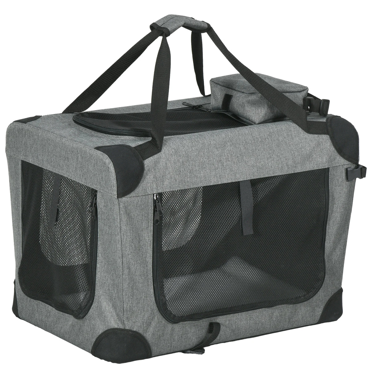 Folding Pet Carrier Bag House with Cushion, Storage Pockets - Grey