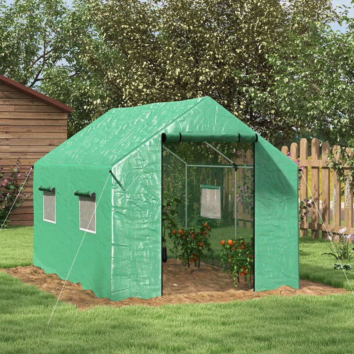Polytunnel Greenhouse 2x3m with Wide Roll Up Door 4 Mesh Windows Galvanised Steel Frame Green