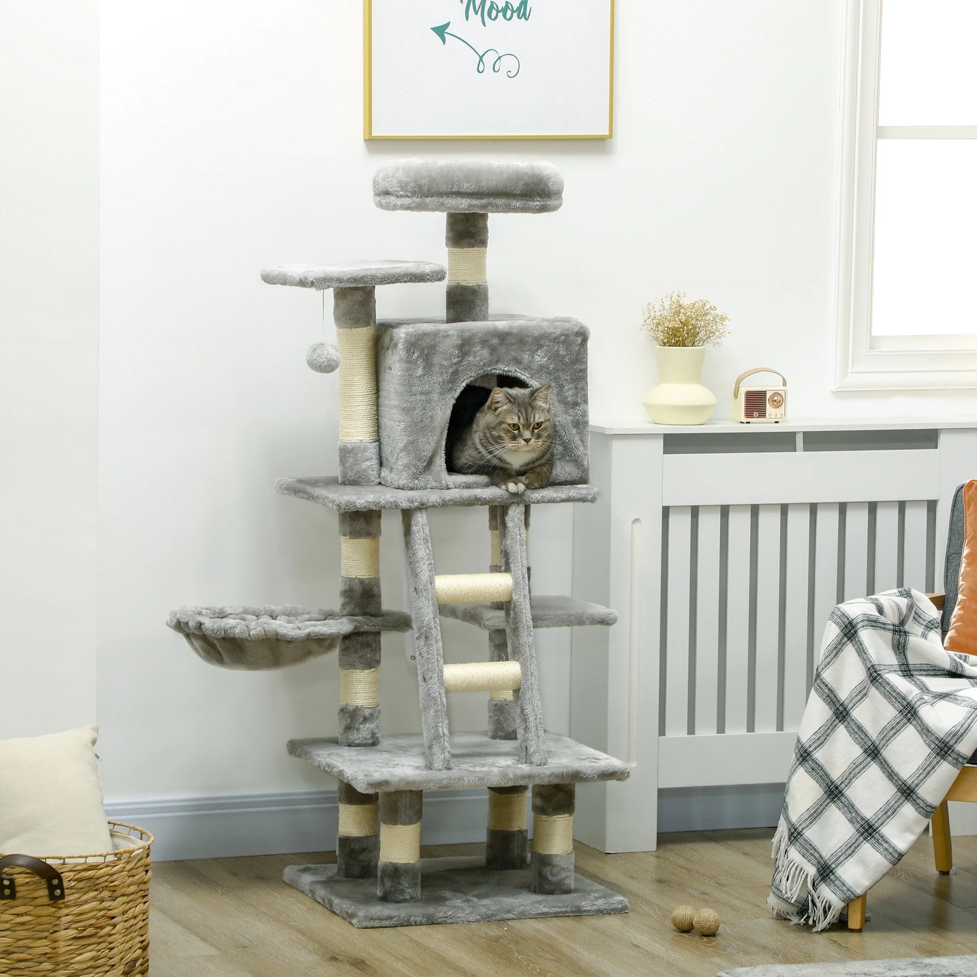 132cm Cat Tree with House Hammock Bed Ladder Scratching Posts for Indoor Cats Grey White