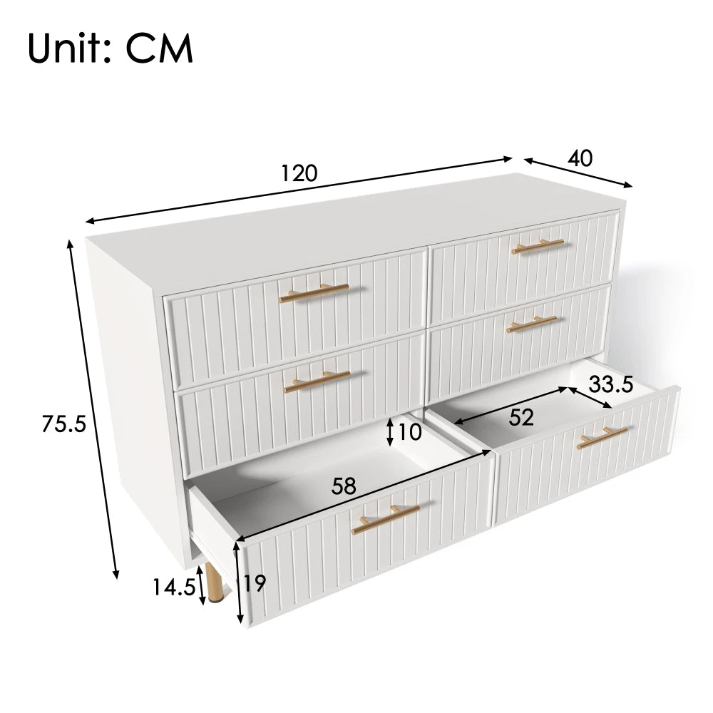 6 Drawer Sideboard Chest of Drawers 120x40x75cm White Particle Board Gold Handles Metal Base Living Room