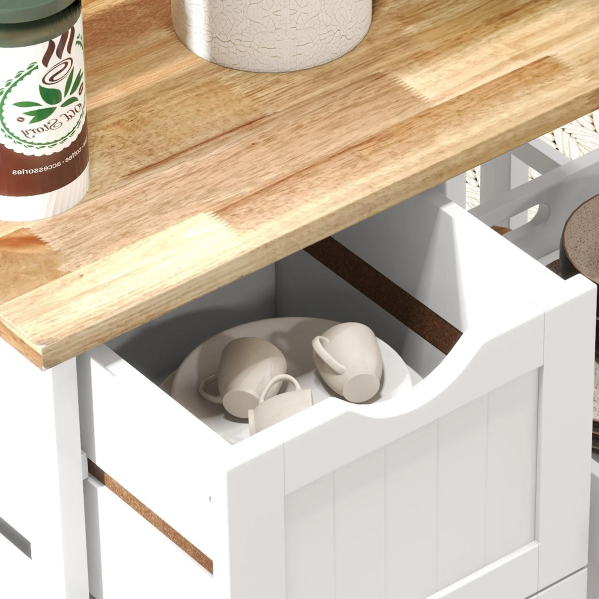 Rolling Kitchen Island Cart with 3 Drawers 2 Slatted Shelves Removable Serving Tray Wooden Top on 4 Wheels