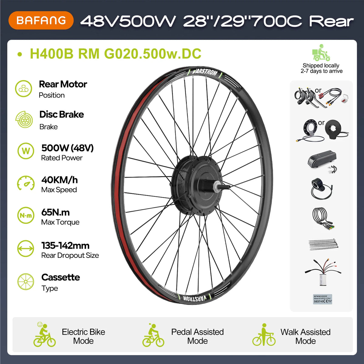 G020 48V 500W Rear Hub Motor E-Bike Conversion Kit for 26", 27.5" and 700C Cassette Disc Brake Wheels