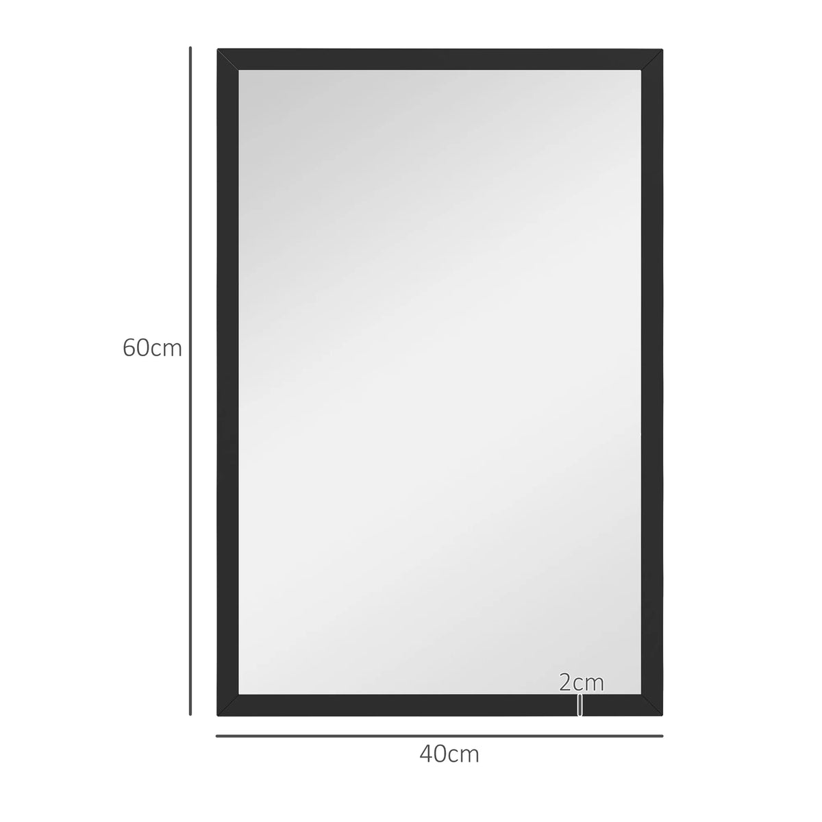 Wall Mirror 60x40cm Rectangular with Thick Shatter Protected Multi Layer Glass and Pre Moulded Hooks Black